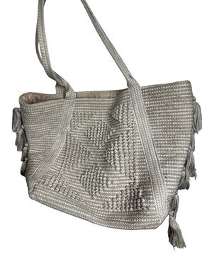 BOHO Off White Cream Crochet Tote Bag with Tassels Summer Beach Resort